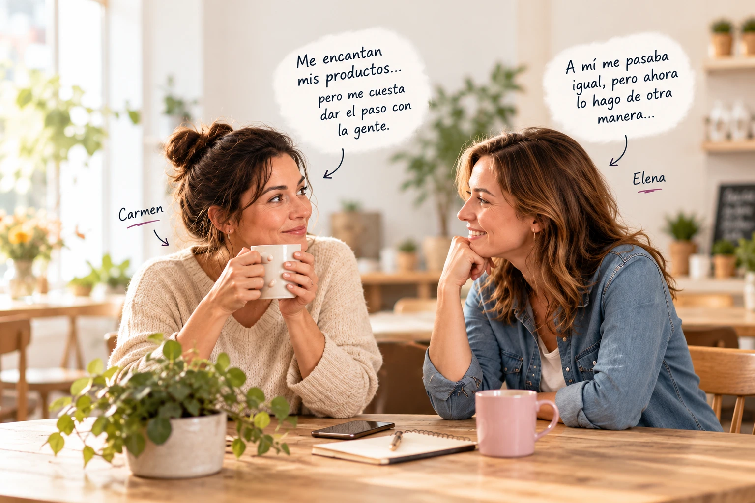 Carmen y Elena conversando con cercanía en una cafetería